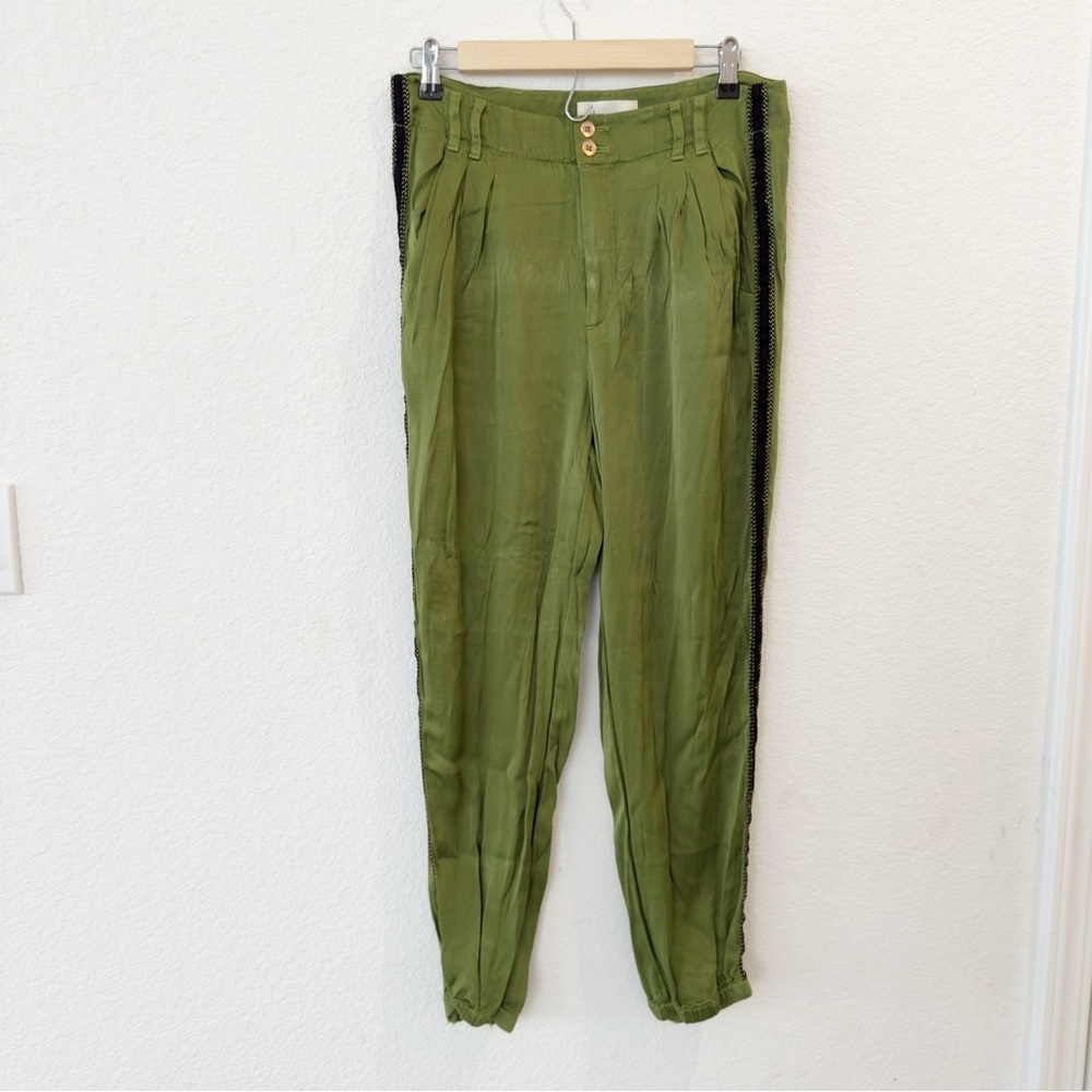 Anthropologie- Diandra Satin Moss Green Pleated Joggers- 4